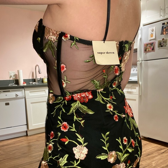 NWT Black sheer floral corset style Super Down mini formal dress - Picture 5 of 6